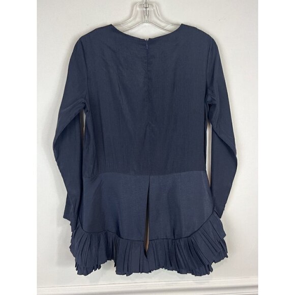 Gracia Women's Ruffled Pleated Long Sleeve Blouse High Low Small Blue Boho Artsy - Picture 2 of 7